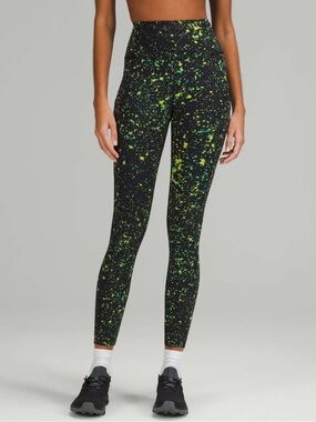 Lululemon Size 4 Black Green Speckle Print Leggings High Rise Side Pockets Yoga